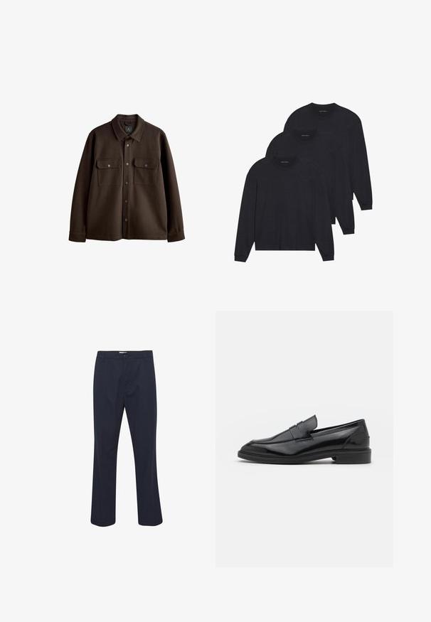 Braune, knöpfbare Jacke mit Kragen, zwei Brusttaschen und Druckknöpfen; aus weichem Stoff mit glatter Textur gefertigt.; Drei schwarze Langarmshirts aus weichem Stoff, mit Rundhalsausschnitten und eng anliegenden Ärmeln. Minimalistisches Design ohne sichtbare Muster.; Marineblaue Hosen aus Baumwollmischgewebe, mit Knopfverschluss, geradem Schnitt, geraden Beinen und Seitentaschen.; Schwarze Lederloafers mit glatter Oberfläche, runder Spitze und schmalem Riemen über dem Obermaterial. Niedriger, gestapelter Absatz.