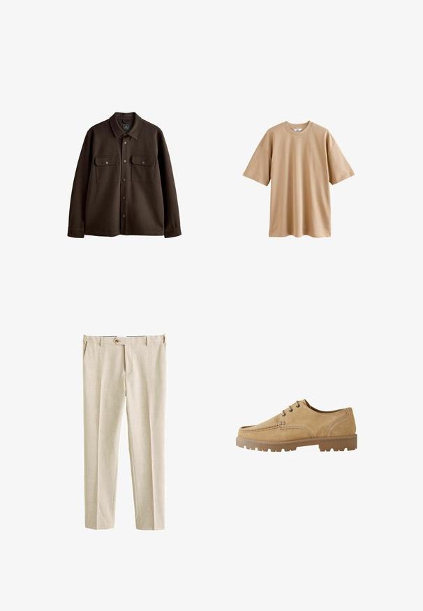 Giacca marrone, con bottoni, colletto, due tasche sul petto e bottoni a scatto; realizzata in tessuto morbido con una trama liscia.; T-shirt beige a maniche corte in cotone con colletto rotondo e vestibilità rilassata, caratterizzata da una trama liscia e priva di motivi o dettagli decorativi.; Pantaloni beige in un tessuto testurizzato, dotati di una vita standard, pieghe frontali e chiusura con un singolo bottone.; Scarpa in suede marrone chiaro con lacci, punta arrotondata, cuciture a contrasto e una robusta suola in gomma caratterizzata da un motivo a tasselli per una migliore aderenza.