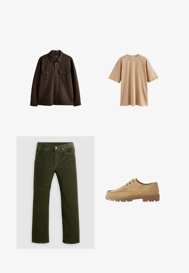 Pruun nööpidega jope, millel on krae, kaks rinnataskut ja nupud; valmistatud pehmest kangast, millel on sile tekstuur.; Lühikeste varrukatega beež puuvillane T-särk ümarate kaelustega ja lõdva lõikega, millel on sile tekstuur ning ei mingeid mustreid või aktsente.; Tumeoliiviroheline šenillistest otsejalad, millel on ees nupp, tõmblukk, vööniidid ja viie tasku disain valgel taustal.; Karmiinpruunid nööriga kingad, ümarate varvastega, kontrastsete õmblustega ning paksu kummitaldaga, millel on kämpingumuster, et tagada haarduvus.