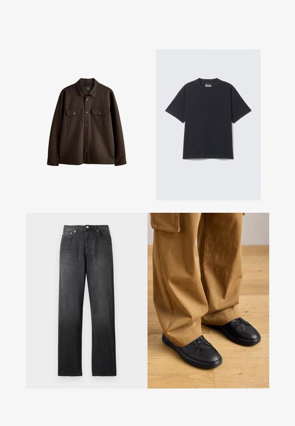 Chaqueta marrón de botones con cuello, dos bolsillos en el pecho y botones a presión; hecha de una tela suave con una textura lisa.; Camiseta de algodón negra con cuello redondo clásico, mangas cortas y un ajuste relajado. Textura suave con detalles de costura mínimos.; Vaqueros negros de talle alto y pierna recta con botón y cremallera en la parte delantera, dos bolsillos frontales y un ligero desgastado.; Persona con pantalones marrones holgados y zapatos negros con cordones, de pie sobre un suelo de madera.
