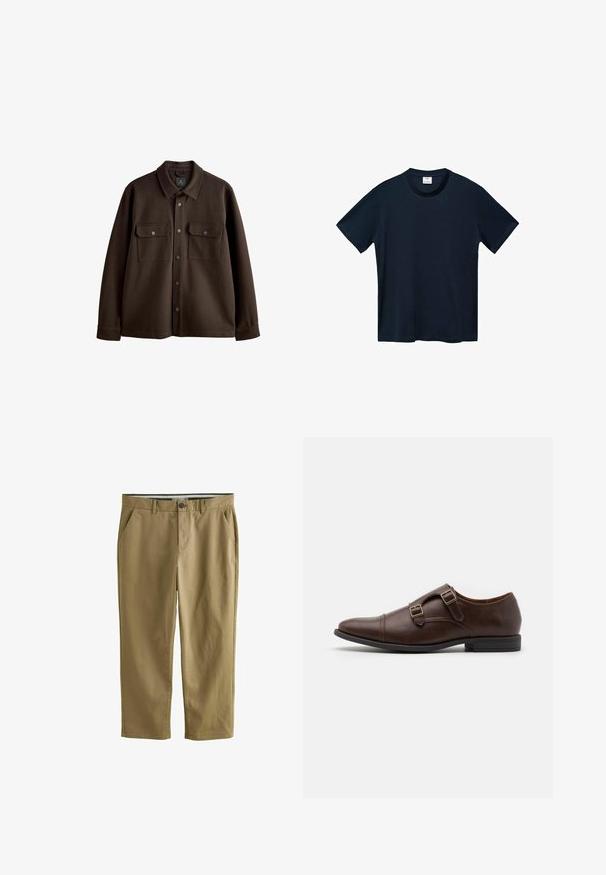 Hnedá bunda na gombíky s golierom, dvoma náprsními vreckami a patentnými gombíkmi; vyrobená z jemnej látky s hladkou textúrou.; Tmavomodré tričko s krátkym rukávom vyrobené z jemnej bavlny, s okrúhlym výstrihom a čistým, rovnomerne strihaným lemom bez viditeľných vzorov.; Khaki chinos vyrobené z bavlneného zmesi, s dvoma bočnými vreckami, zapínaním na gombík, rovnými nohavicami a hladkou textúrou.; Hnedé kožené spoločenské topánky s špicatou špičkou, vybavené dvoma nastaviteľnými prackami a elegantným nízkoprofilovým dizajnom. Ploché čierne gumové podrážky.
