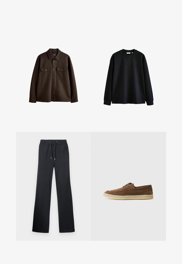Rjav, jakna s gumbi in ovratnikom, z dvema prsoma žepoma in pritisnimi gumbi; izdelana iz mehke tkanine z gladko teksturo.; Crna dolgimi rokavi majica s krožnim izrezom, narejena iz mehkega materiala, z padlimi rameni in rebrastimi manšetami. Minimalističen dizajn.; Črne široke hlače iz mehkega materiala. Opremljene so z elastičnim pasom in vrvico, ter subtilnim sijajem. Brez vidnih vzorcev ali dodatkov.; Rjave semiš čevlje z nizkim profilom, vezavnim dizajnom, gumijastim podplatom in kontrastnim šivanjem. Preprost in funkcionalen stil.