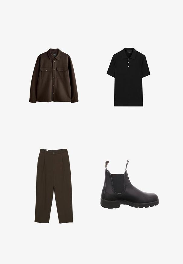 Bruine, button-up jas met een kraag, twee borstzakken en drukknoopsluitingen; gemaakt van zachte stof met een gladde textuur.; Zwarte poloshirt met een geribbelde textuur, korte mouwen, een platte kraag en een knoopsluiting met drie knopen. Eenvoudig en klassiek ontwerp.; Donkere bruine op maat gemaakte broeken met voorplooien, riemlussen en een knoopsluiting in de taille.; Zwarte leren enkelboot met elastische zijkanten, ronde neus en rubberen zool. Voorzien van een lus aan de achterkant voor eenvoudig aantrekken.