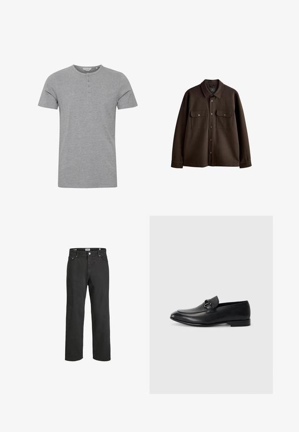 Pruun nööpidega jope, millel on krae, kaks rinnataskut ja nupud; valmistatud pehmest kangast, millel on sile tekstuur.; Hallide lühikeste varrukatega t-särk, mis on valmistatud pehmest kangast, ümmarguse kaeluse ja nelja nupuga detailiga ees.; Mustad sirgedest jeanid, mis on valmistatud puuvillast, klassikalise viie-tasku kujundusega, nööpkinni ja peente õmbluse detailidega.; Mustaläikivad nahksandaalid, millel on voolujooneline kuju, tekstureeritud pealispind ja dekoratiivne rihm koos metallist pandlaga. Lamav konts, minimalismi väljendav disain.