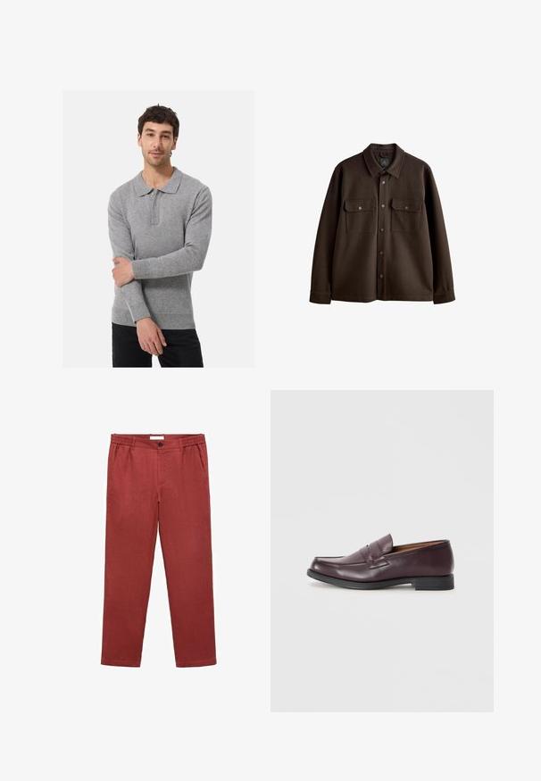 Ruskea, nappikiinnitteinen takki, jossa on kaulus, kaksi rintataskua ja nepparikiinnitykset; valmistettu pehmeästä kankaasta, jossa on sileä rakenne.; Harmaa pitkähihainen poolopaita pehmeästä materiaalista, jossa on kauluksellinen kaula-aukko, nappilista sekä resorit hihoissa ja helmassa.; Punat punainen pellava-housut, joissa on joustava vyötärö, yksi napitus, sivutaskut, suorat lahkeet ja hieman teksturoitu kangaspinta.; Burgundy nahkakengät, joissa on pyöreä kärki, hillitty ommelkoele ja matala musta pohja. Klassinen muotoilu, jossa on vähäisiä koristeita.