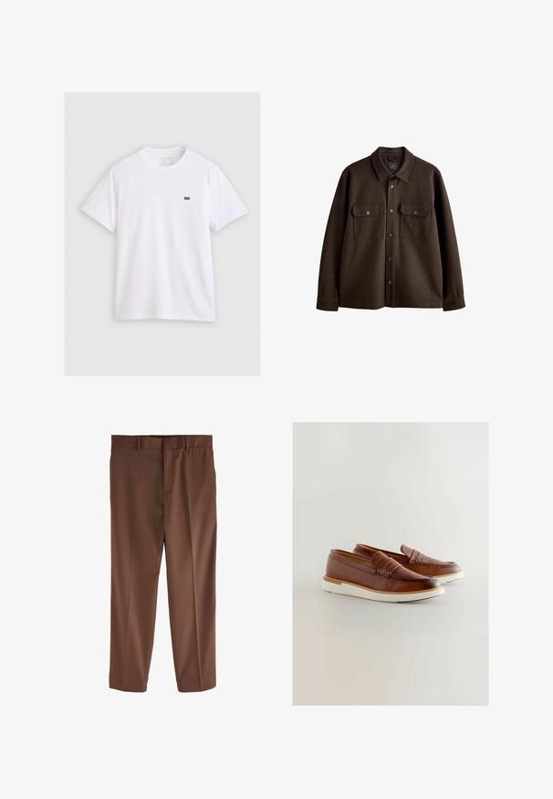 Brun knap-op jakke med krave, to brystlommer og trykknapper; lavet af blødt stof med en glat tekstur.; Hvid bomulds t-shirt med korte ærmer og rund hals, med et lille sort Levi's logo på venstre brystområde.; Brune skræddersyede bukser med en glat tekstur, lige ben design, bæltestropper og en enkelt frontfold. Ingen synlige lommer eller accenter.; Brune læder loafers med en hvid gummisål, der har en vævet detalje henover fronten og et lavt snit for let på- og aftagning.