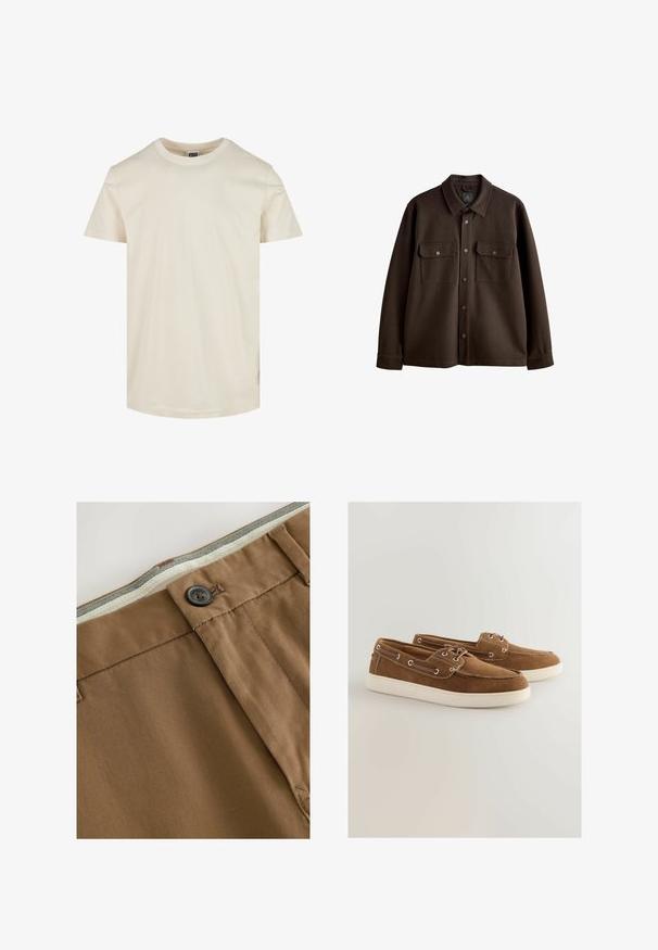 Brun knap-op jakke med krave, to brystlommer og trykknapper; lavet af blødt stof med en glat tekstur.; Kortærmet t-shirt med rund hals i en lys beige farve. Fremstillet af blød bomuld, har en glat tekstur og en lige kant.; Brune bomuldsbukser med knaplukning, lynlås og kontraststof i taljen. Inkluderer pæne stikninger og en struktureret overflade.; Brune ruskinds sko med en hvid gummisål, snørebånds design, metaløjer og kontrasterende syninger langs kanterne.