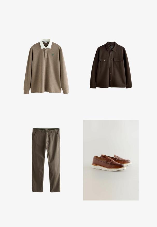 Pruun nööpidega jope, millel on krae, kaks rinnataskut ja nupud; valmistatud pehmest kangast, millel on sile tekstuur.; Pikaedega polo-särk pruunikollase ja kreemja hounds-tooth mustriga, valge krae ja rohelise logoga rinnal. Pehme kangas.; Pruunid puuvillased chinos sirge sääre disainiga, ees taskud ja nupuga sulgemine. Omab siledat tekstuuri ja puhtaid jooni.; Pruun nahast loafers valge kummitald ja kootud aktsent esiosas, madala lõikega disain, mis võimaldab kergesti jalga libistada.