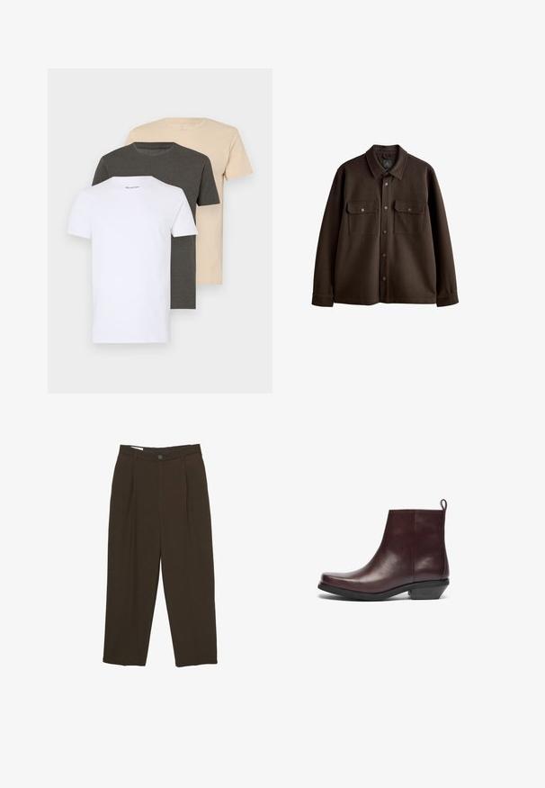Barna, gombos zakó gallérral, két mellzsebbe és patentgombbal; puha szövetből készült, sima textúrával.; Három póló, fehér, sötétszürke és bézs színben, rövid ujjú és kerek nyakkivágással. Puha, sima pamut szövetből készült.; Sötétbarna, szabott nadrág elülső redőkkel, övhurkokkal és gombos záródással a deréknál.; Bordó bőr bokacsizma, kerek orral, minimalista dizájnnal, alacsony tömbsarokkal és hátul fellelható húzófüllel. Simaság és kiváló felület jellemzi.