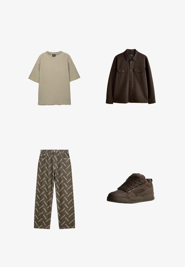 Hnědá košile s knoflíky a límcem, dvěma náprsními kapsami a druky; vyrobená z měkké tkaniny s hladkým povrchem.; Béžový tričko s krátkým rukávem vyrobené z texturované látky. Má kulatý výstřih a volný, uvolněný střih bez viditelných vzorů nebo akcentů.; Khaki džíny s celoplošným vzorem peří v světle béžové barvě. Volný střih se standardními kapsami a detaily kontrastního šití.; Hnědé sportovní boty vyrobené z hladkého syntetického materiálu. Mají silné šňůrky, síťované detaily, polstrovaný límec a texturovanou gumovou podrážku.
