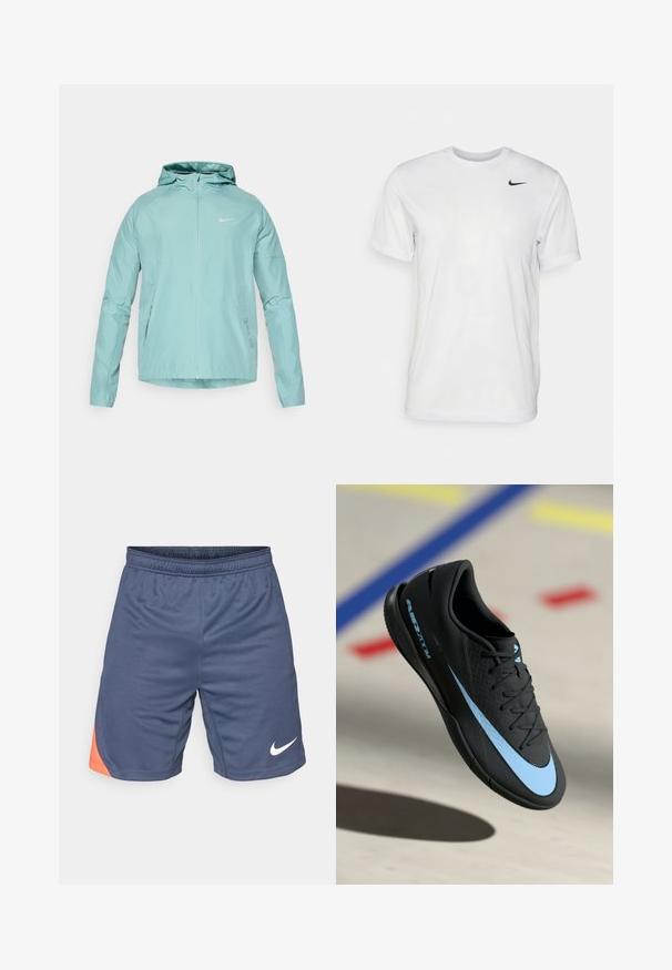 Hellgrüne Nike-Jacke mit Kapuze, Reißverschluss vorne und Seitentaschen. Glatte Textur und figurschmeichelndes Design, mit reflektierendem Logo auf der Brust.; Weißes T-Shirt mit kurzen Ärmeln aus glattem Stoff. Verfügt über einen runden Halsauschnitt und ein kleines schwarzes Nike-Logo auf der linken Brust.; Marineblaue Sportshorts mit einem orangefarbenen Akzent auf der linken Seite. Hergestellt aus leichtem Stoff mit einem elastischen Bund und einem weißen Logo.; Schwarzer Sportschuh mit blauen Akzenten, strukturierter Oberfläche, Schnürdesign und markantem Nike-Logo. Gummisohle mit Grip-Mustern.