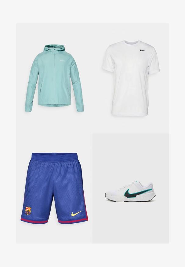 Vihreä Nike-takki hupulla, vetoketjulla ja sivutaskuilla. Silkkinen rakenne ja muotoiltu design, jossa on heijastava logo rinnassa.; Valkoinen lyhythihainen t-paita, joka on valmistettu sileästä kankaasta. Ominaisuuksina pyöreä kaula-aukko ja pieni musta Nike-logo vasemmassa rinnassa.; Siniset jalkapallosortsit verkkokankaasta, joissa on punaiset raidat sivuilla, Barcelona-logo ja keltainen Nike-logomerkki.; Valkoinen urheilukenkä, jossa on teksturoidusta verkkokankaasta valmistettu päällinen, musta kumipohja ja teal-värinen Nike-swoosh-korostus. Varustettu nauhoilla ja pehmustetulla nilkkapannalla.