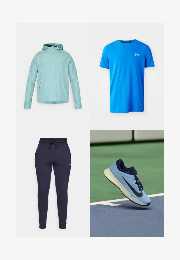 Svetlo zelena Nike jakna s kapuco, zadrgo spredaj in stranskimi žepi. Gladka tekstura in prilega obliko, z odbojnim logotipom na prsih.; Modra kratkotrajna majica s kratkimi rokavi, izdelana iz zračnega materiala, z diskretno teksturirano obliko in belim logotipom Under Armour na prsih.; Björn Borg ESSENTIAL PANTS - Spodnji deli trenirk - night sky; Svetlo modra športna čevlja z mornarsko modrimi poudarki, teksturirano mrežasto zgornjo plastjo in črnim logotipom Swoosh. Imajo oblazinjen srednji del in gumijast podplat.