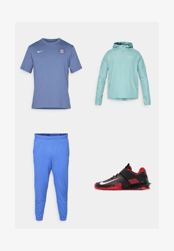 Šviesiai žalia Nike striukė su gobtuvu, užtrauktuku priekyje ir šoninėmis kišenėmis. Nėra šiurkštus paviršius ir prigludęs dizainas, ant krūtinės esantis atšvaitinis logotipas.; Mėlyna trumpomis rankovėmis marškinėliai, pagaminti iš medvilnės mišinio. Priekyje kairėje pusėje yra baltas Nike logotipas ir apvalus Paryžiaus logotipas. Minkšta tekstūra.; Vyriški mėlyni sportiniai kelnių pagaminti iš lengvos medžiagos, su elastingu juosmeniu, ant kurio yra juodas logotipas, ir siaurėjančiais manžetais ties kulkšnimis.; Juodos ir raudonos sportinės kedai su elegantišku dizainu, tekstūruotu tinklo viršumi, tvirtu guminiais padu ir ryškiu baltu logotipo akcentu.
