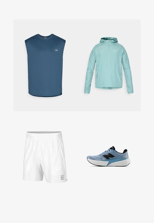 Lichtgroene Nike-jack met een capuchon, rits aan de voorkant en zijzakken. Glad textuur en een aansluitend ontwerp, met een reflecterend logo op de borst.; Mouwloos sporttop in donkerblauw, gemaakt van textuurstof. Heeft een ronde hals en een klein logo op de voorkant.; Witte sportshorts gemaakt van lichtgewicht stof met een elastische tailleband, voorzien van twee zijzakken en een klein zwart logo op de zoom.; Lichtblauwe hardloopschoen met zwart logo, dikke witte zool en zwarte binnenvoering, zijaanzicht op een witte achtergrond.