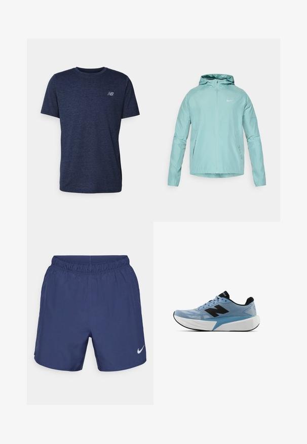 Světle zelená Nike bunda s kapucí, zipem vpředu a bočními kapsami. Hladká textura a přiléhavý střih, s reflexním logem na hrudi.; Námořnická modrá bavlněná trička s krátkými rukávy, kulatým výstřihem a malým šedým logem na horní levé části hrudi. Měkká, texturovaná látka.; Námořnické modré sportovní šortky vyrobené z lehkého materiálu. Mají elastický pas a malé bílé logo Nike na dolní levé straně.; Světle modrá běžecká bota s černým logem, silnou bílou podrážkou a černým vnitřním podšívkou, viděná z boku na bílém pozadí.