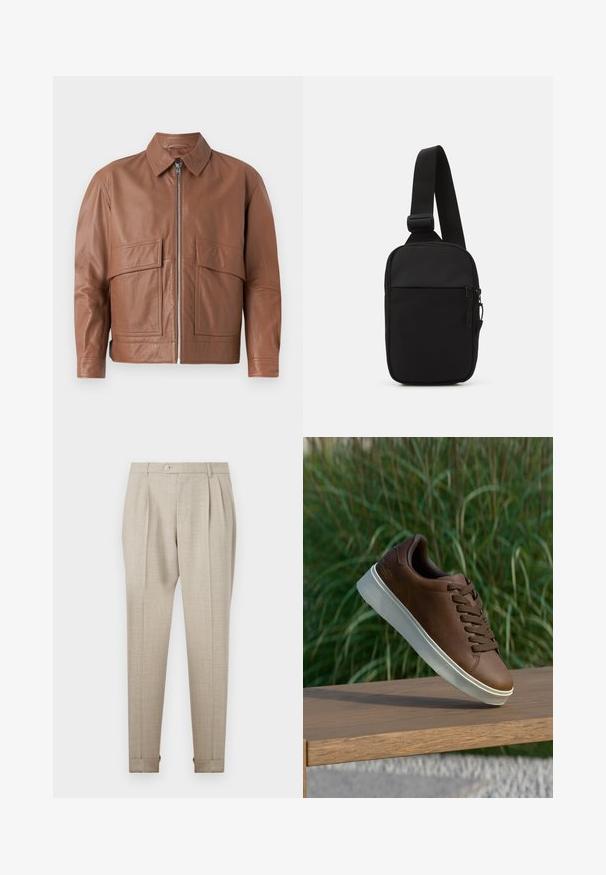 Veste en cuir marron avec un col, fermeture éclair à l'avant et deux grandes poches plates. Texture lisse et design légèrement court.; Deux t-shirts en coton noirs à manches courtes et col rond. Tous deux présentent une étiquette de marque rouge au niveau du cou. Design simple et classique.; Pantalons plissés beige avec une texture lisse, dotés d'une fermeture à bouton à l'avant et de ourlets roulés. Coupe ajustée et design à jambe droite.; Baskets en cuir marron avec semelle en caoutchouc blanche, bout rond et lacets marron. Semelle avec grip texturé et finition lisse sur le dessus.; Sac bandoulière noir en tissu durable, avec une seule sangle ajustable, un compartiment principal zippé et une poche avant.