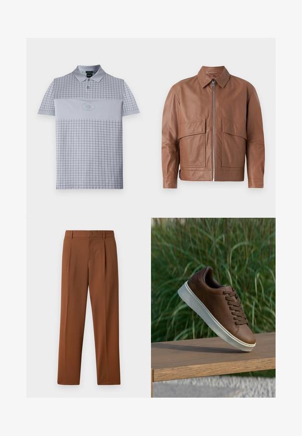 Ruskea nahkatakki, jossa on kaulus, etuvetoketju ja kaksi suurta litteää taskua. Sileä rakenne ja hieman lyhennetty muotoilu.; Vaaleanharmaa polo-paitta, jossa on ruutumalli, kaksinappinen kaulus ja pyöreä logo. Valmistettu sileästä ja hengittävästä kankaasta.; Ruskeat housut, joissa on sileä, mattapintainen rakenne, kanttin kärkki ja suorat lahkeet. Valmistettu kevyestä ja hengittävästä kankaasta.; Ruskeat nahkakengät valkoisella kumipohjalla, pyöristetty kärki ja ruskeat nauhat. Pohjassa on karhea pinta ja yläosassa sileä viimeistely.