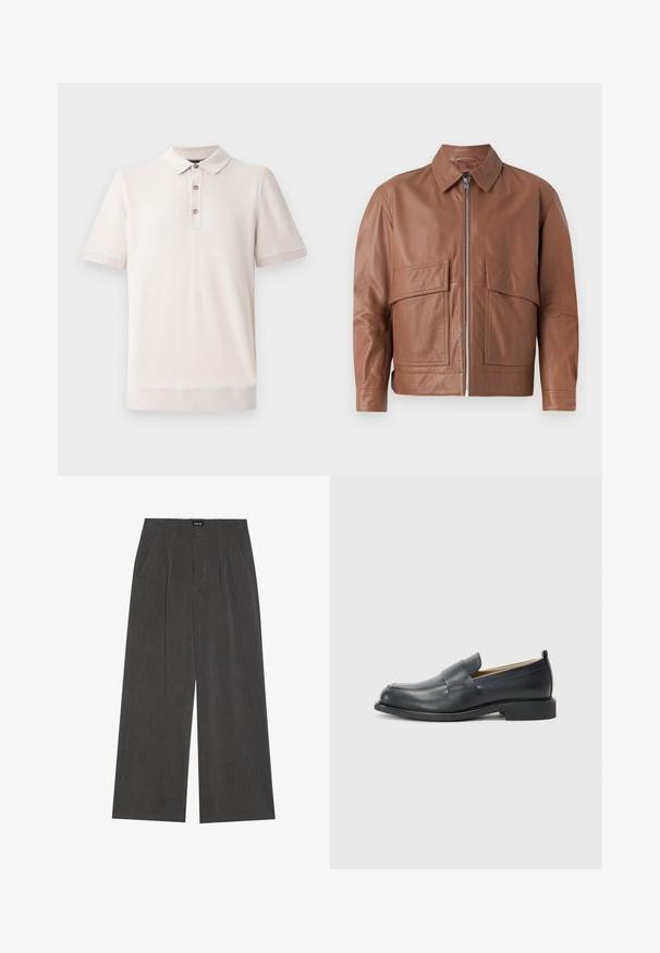 Hnedá kožená bunda s golierom, predným zipsom a dvomi veľkými plochými vreckami. Hladká textúra a čiastočne skrátený dizajn.; Polo tričko s krátkym rukávom v svetlej béžovej farbe, textúrovaný materiál s golierom a trojrozmerným zapínaním na gombíky; rebrované detaily na rukávoch a leme.; Klasické nohavice voľného strihu z tmavosivej tkaniny, s prešívaným predným dielom, dvoma bočnými vreckami a plochým pásom. Hladká textúra a prispôsobený dizajn.; Čierne kožené poltopánky s hladkým povrchom, plochou podrážkou a okrúhlou špičkou s dekoratívnym pásikom cez hornú časť.