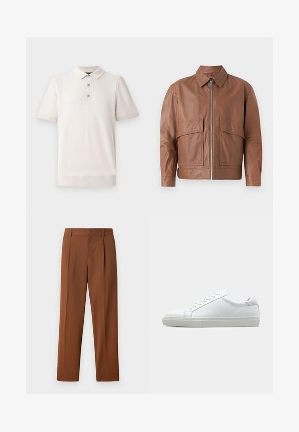 Ruda odinė striukė su apykakle, priekiniais užtrauktukais ir dviem didelėmis kišenėmis. Lygus paviršius ir šiek tiek trumpesnis fasonas.; Trumpas rankovėmis polo marškinėliai šviesiai bežinės spalvos, tekstūrinės medžiagos su apykakle ir trimis mygtukais; juostelės detalės ant rankovių ir apačios.; Rudos kelnes su lygiu, matinio paviršiaus, su plisėta priekiu ir tiesiomis kojomis. Pagamintos iš lengvos, kvėpuojančios medžiagos.; Baltas sportinis batelis su lygiu odiniu paviršiumi ir žemu profiliu. Turi suapvalintą pirštą, šešis akių skyrius ir tekstūruotą gumos padą.