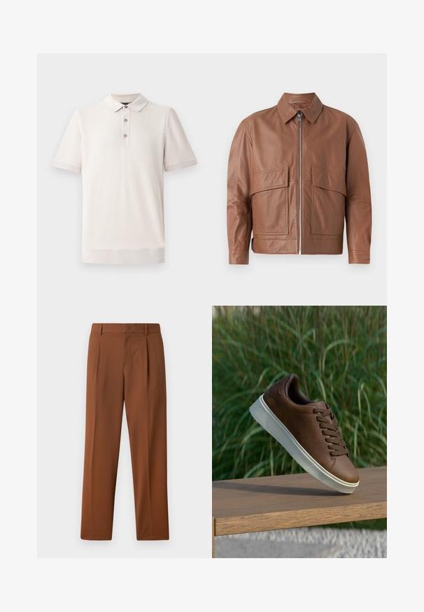 Barna bőrkabát, gallérral, elülső cipzárral és két nagy, lapos zsebbel. Simább textúrájú és enyhén rövidített kialakítású.; Rövid ujjú pólóing világos bézs színben, texturált anyagból, gallérral és három gombos nyakkal; bordázott részletek a ujjaknál és az alján.; Barna nadrág sima, matt felülettel, pliszével ellátott elülső résszel és egyenes lábakkal. Könnyű, lélegző anyagból készült.; Barna bőr tornacipő fehér gumi talppal, lekerekített orral és barna fűzős kialakítással. A talp texturált tapadással, míg a felsőrész sima felülettel rendelkezik.
