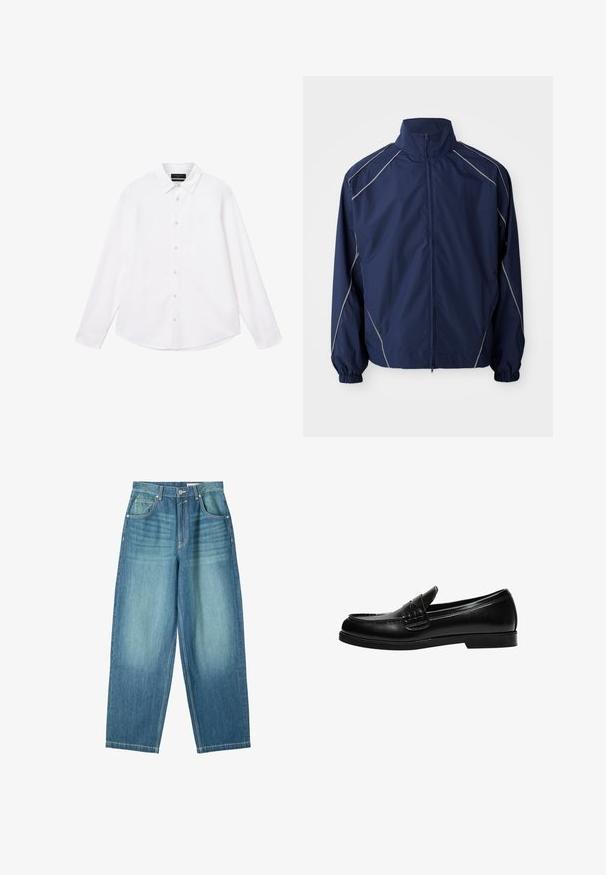 Marinefarbene Windbreaker-Jacke, leichtes Material, Ärmel mit Reißverschluss, hoher Kragen, elastische Bündchen und graue Akzentnähte entlang der Nähte.; Weißes Langarmhemd mit klassischem Kragen und Knopfleiste, mit glatter Textur und dezentem Logo-Detail auf der Brust.; Hochtaillierte blaue Denim-Jeans mit weitem Bein, fünf Taschen, Knopfverschluss und ausgewaschenen Details an Oberschenkeln und Unterschenkeln.; Schwarze Lederloafer mit glatter Oberfläche, ausgestattet mit einer Nahtverzierung an der Vorderkappe und einer niedrigen, durchgehenden Gummisohle in Schwarz.