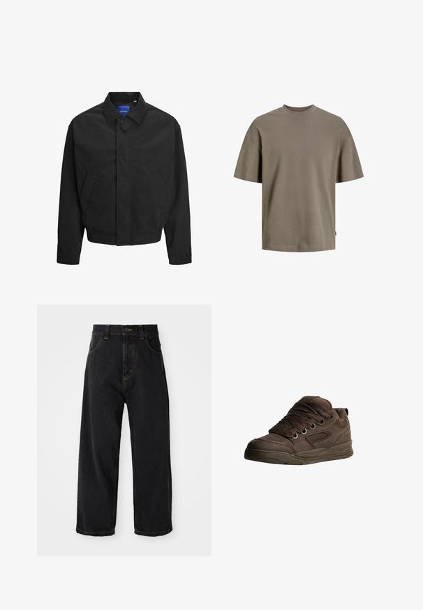 Black corduroy jacket with a buttoned front, two side pockets, and a point collar. Features a ribbed texture and a cropped hemline.; Cotton t-shirt in muted olive green; features a round neck, short sleeves, and a relaxed fit with minimal stitching detail.; Black wide-leg denim jeans with high waist, front button, zipper, and yellow stitching on pockets and seams.; Brown athletic shoes made of smooth synthetic material. Features thick laces, mesh accents, padded collar, and textured rubber sole.