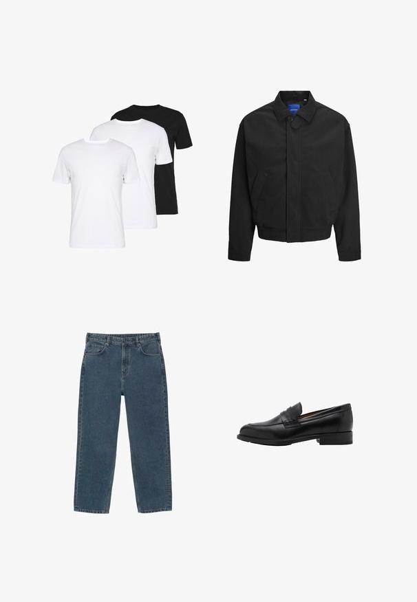 Zwarte corduroy jas met een knoopsluiting aan de voorkant, twee zijzakken en een puntkraag. Heeft een ribbelstructuur en een kortere zoom.; Set van drie T-shirts: één zwart en twee wit. Elk heeft een ronde hals, korte mouwen en is gemaakt van gladde katoenstof.; Donkerblauwe denim jeans met rechte pijpen, voorzakken, riemlussen en een knoopsluiting.; Zwarte leren instappers met een gestikte voorkant en een platte hak. Glad van textuur met een ronde neus en een decoratieve band over de wreef.
