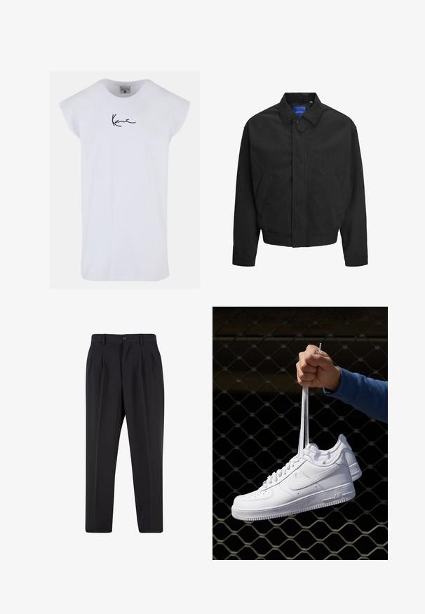 Melnas korduroja jaka ar pogu aizdari, divām sānu kabatām un punktveida apkakli. Izceļas ar ribotu tekstūru un nogriestu apakšmalu.; Karl Kani SMALL SIGNATURE TEE - Tops - white; Melni brīvie bikses ar krokotu priekšpusi, izgatavotas no gludas auduma. Iespējama poga aizdare un jostas cilpas; taisnu kāju forma.; Baltas ādas sporta apavi ar perforācijām, apaļu purngali, plakanu zoli un biezām šņorēm, ar redzamu swoosh logo un vārdu "AIR" uz papēža.