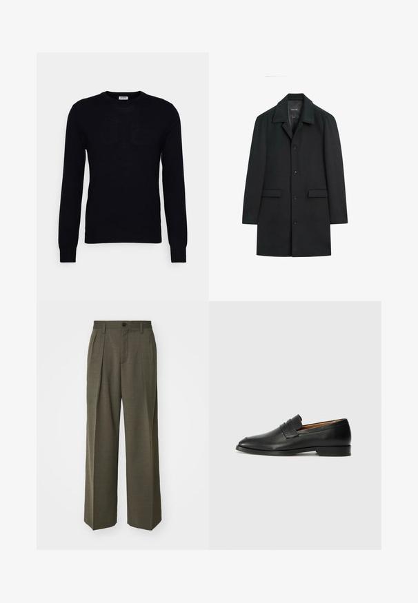 Svart ullkappa med en strukturerad silhuett, stor krage, knappstängning fram, två sidofickor och utan synliga mönster eller detaljer.; Svart långärmad tröja tillverkad av mjukt stickat material. Rund halsringning, ribbade manschetter och nederkant. Minimalistisk design utan synliga mönster eller knappar.; Filippa K WIDE TROUSERS - Tygbyxor - driftwood; Svart läderloafersko med rund tå, subtila sömnadsdetaljer och låg klack, med en jämn yta och minimalistisk design.