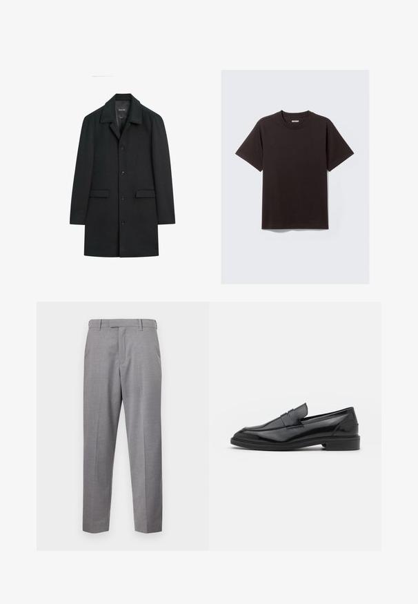 Czarny wełniany płaszcz o wyraźnej sylwetce, z dużym kołnierzem, zapięciem na guziki z przodu, dwoma bocznymi kieszeniami i bez widocznych wzorów lub akcentów.; Jednolity czarny t-shirt z krótkim rękawem, wykonany z bawełny, z okrągłym dekoltem i małą metką "WEEKDAY" na wewnętrznej stronie kołnierza z tyłu.; Szare spodnie materiałowe z teksturowanej tkaniny, charakteryzujące się prostym krojem nogawki, przednimi zagnieceniami oraz standardowym stanem z paskami na pasek.; Czarne skórzane mokasyny o gładkim wykończeniu, z zaokrąglonym noskiem i wąskim paskiem na górze. Niski, warstwowy obcas.