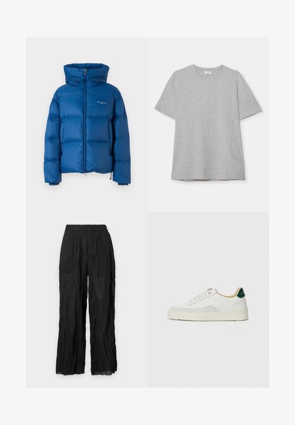 Modrá péřová bunda s vysokým límcem, zipem a stahovacími prvky. Obsahuje prošívané části a minimální označení značky.; Šedé tričko s krátkým rukávem vyrobené z měkké, texturované látky. Disponuje klasickým kulatým výstřihem a rovného lemu, vhodné pro každodenní nošení.; Černé plátěné kalhoty s wide-leg střihem a strukturovaným povrchem. Mají elastický pas a jemné sklady.; Bílé tenisky se semišovými prvky, kulatou špičkou, plochými tkaničkami a krémovou gumovou podrážkou. Na patě mají zelené logo.