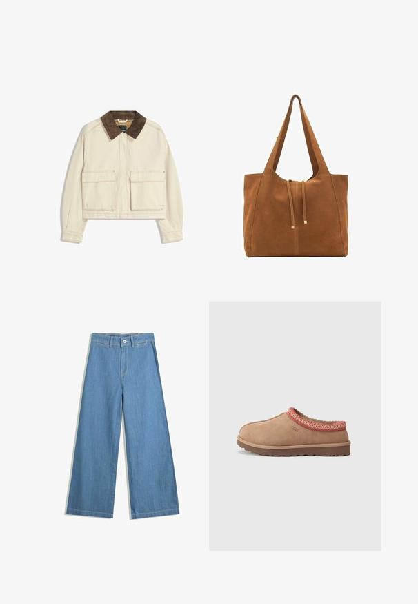 Skraćena jakna od bež pamuka s smešnim izrezom od braon kordura, koja ima dva prednja džepa sa patenom i vidljive detalje šivanja.; Bijela majica od mekane, lagane tkanine. Ima okrugli izrez i kratke, široke rukave s ležernim krojem. Bez vidljivih uzoraka.; Svijetloplave široke traperice s dugim nogavicama, izrađene od denima, s zatvaranjem na gumbe, petljama za remen i suptilnim detaljima šivanja.; UGG TASMAN II - Natikače - rocky oak; Smeđa antilop torba za ruke s dva duga remena, zatvaranje na vezicu i minimalistički dizajn. Glatka tekstura i bez vidljivih metalnih elemenata.