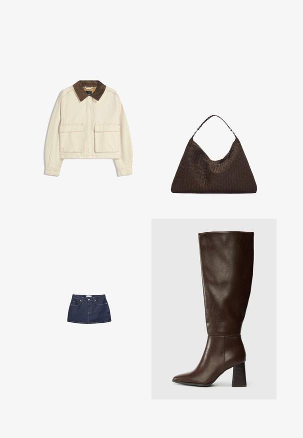 Korth jacket i beige bomull med en brun manchesterkrage, som har två framfickor och synliga sömnadsdetaljer.; Röd kortärmad polo med vita horisontella ränder och tre vita knappar fram.; Jeansminikjol i mörkblått med en figurnära midja, framfickor och stängning med metallknapp. Slät textur och klassisk skärning.; Brun läderknähög stövel med spetsig tå och kraftig texturerad klack. Slät finish med minimal sömnadsdetalj.; Brun vävd läderhandväska med en slapp, triangulär form. Har ett flätat handtag och en dragkedjestängning längs toppen.