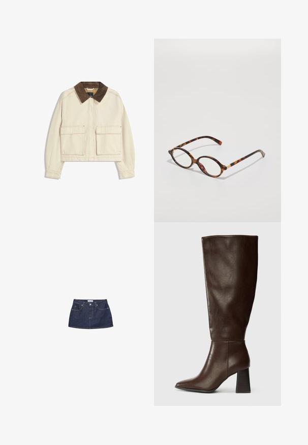 Giacca cropped in cotone beige con colletto in velluto a coste marrone, dotata di due tasche frontali a toppa e dettagli di cucitura visibili.; Polo shirt rosso a maniche corte con strisce orizzontali bianche e tre bottoni bianchi sul davanti.; Gonna mini in denim blu scuro con vita aderente, tasche frontali e chiusura con bottone metallico. Texture liscia e taglio classico.; Stivale marrone in pelle alta fino al ginocchio con punta affusolata e tacco spesso texturizzato. Finitura liscia con dettagli di cucitura minimi.; Occhiali da vista in tartaruga con montatura ovale, lenti trasparenti e dettagli dorati. Presentano tempie curve e una finitura liscia e lucida.