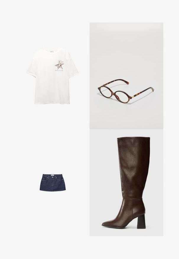 Beskåret jakke i beige bomuld med krave i brun fløjl, der har to forreste pashåndtasker og synlige syninger.; Hvid bomulds t-shirt med et brunt søstjerne grafik på venstre bryst. Korte ærmer med en afslappet pasform og rund halsudskæring.; Denim mini nederdel i mørkeblå med en tætsiddende talje, frontlommer og en metalknaplukning. Glat tekstur og klassisk snit.; Brune læderknæhøj støvle med spids tå og chunky tekstureret hæl. Glat finish med minimal sømdetaljer.; Skildpaddebriller med ovale stel, klare linser og guld accenter. Har buede stænger og en glat, blank finish.; Brun lædertaske med to robuste håndtag, rektangulær form, glat tekstur og lynlås lukning. Minimalistisk design uden synlige mønstre.