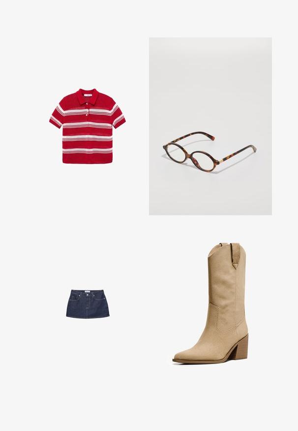 Beskåret jakke i beige bomuld med krave i brun fløjl, der har to forreste pashåndtasker og synlige syninger.; Rød kortærmet polo skjorte med hvide vandrette striber og tre hvide knapper foran.; Denim mini nederdel i mørkeblå med en tætsiddende talje, frontlommer og en metalknaplukning. Glat tekstur og klassisk snit.; Bershka HIGH-HEEL - Cowboy- / bikerstøvler - beige; Skildpaddebriller med ovale stel, klare linser og guld accenter. Har buede stænger og en glat, blank finish.; Brun lædertaske med to robuste håndtag, rektangulær form, glat tekstur og lynlås lukning. Minimalistisk design uden synlige mønstre.