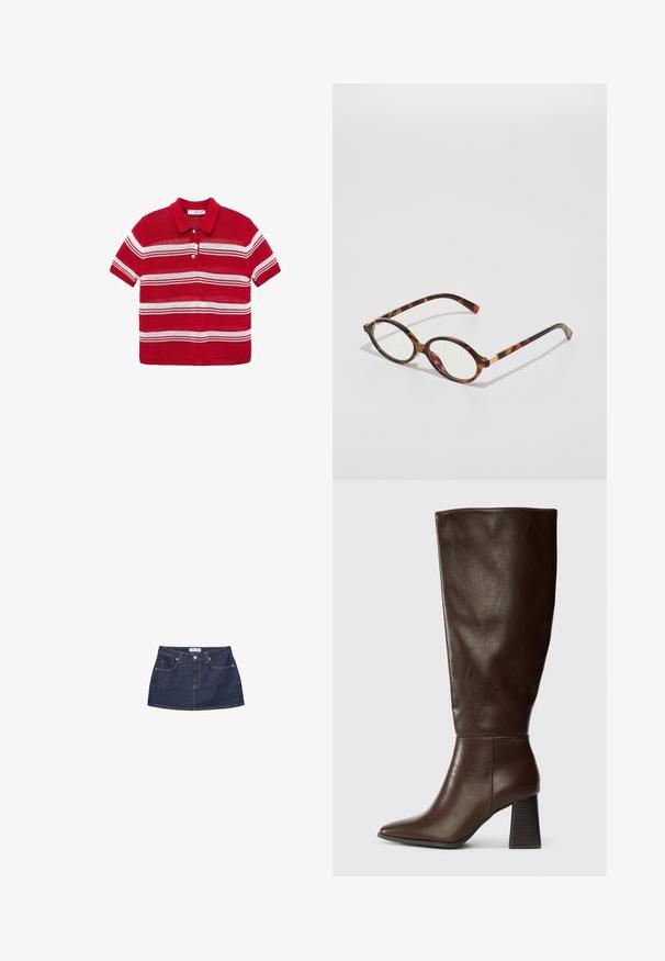 Zkrácená bunda z béžové bavlny s hnědým kordovým límcem, která má dvě přední kapsy a viditelné šití.; Červená polokošile s krátkým rukávem a bílými vodorovnými pruhy, se třemi bílými knoflíky na přední straně.; Džínová mini sukně v tmavě modré barvě s přiléhavým pasem, předními kapsami a kovovým zapínáním. Hladký materiál a klasický střih.; Hnědá kožená holínka sahající po kolena s špičatou špičkou a masivním strukturovaným podpatkem. Hladký povrch s minimálním šitím.; Kočičí brýle s oválnými rámy, průhlednými čočkami a zlatými akcenty. Mají zakřivené nožičky a hladký, lesklý povrch.