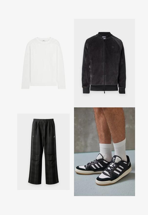 Juodas veliūro bomber tipo švarkas su užtrauktuku, gumuotomis rankovėmis ir šoninėmis kišenėmis. Dėka subtilaus logotipo ant krūtinės ir kontrastingų šoninių panelių.; Balta medvilninė marškinėliai ilgomis rankovėmis, su apvalia kaklo iškirpte, tiesiu hemu ir minimaliai dizainu. Lygus paviršius, be raštų ar akcentų.; Juodos languotos kelnės su elastingu juosmeniu, dviem priekinėmis kišenėmis ir laisvu tiesiu kirpimu. Pagamintos iš lengvos medžiagos.; Juodos ir baltos sportinės bateliai su zomšiniu ir odiniu viršumi, su trimis baltomis juostelėmis, perforuota koja ir guminėmis padais.