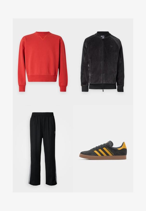 Black velour bomber jacket with zip closure, ribbed cuffs, and side pockets. Features a subtle logo on the chest and contrasting side panels.; Red sweatshirt with a round neckline and long sleeves. Smooth texture, ribbed cuffs and hem, featuring a subtle V-stitch detail at the collar.; Black athletic pants with an elastic waistband, featuring white side stripes and a small logo. Material appears soft and lightweight.; Black suede sneaker with yellow accents, featuring three stripes and a brown rubber sole. Includes a padded tongue for comfort.