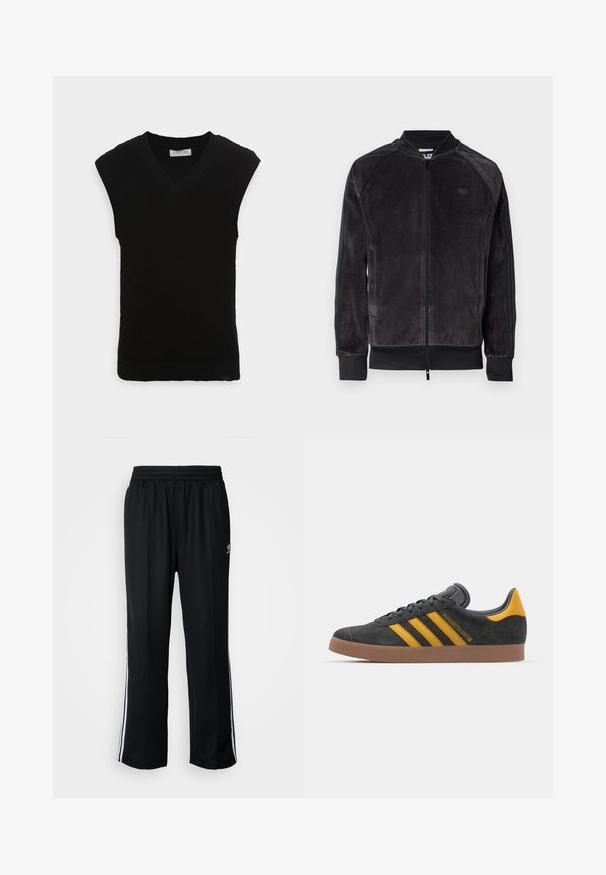 Black velour bomber jacket with zip closure, ribbed cuffs, and side pockets. Features a subtle logo on the chest and contrasting side panels.; Black sleeveless knitted vest with a V-neck design and ribbed texture, featuring a smooth hem and no additional embellishments.; Black athletic pants with an elastic waistband, featuring white side stripes and a small logo. Material appears soft and lightweight.; Black suede sneaker with yellow accents, featuring three stripes and a brown rubber sole. Includes a padded tongue for comfort.