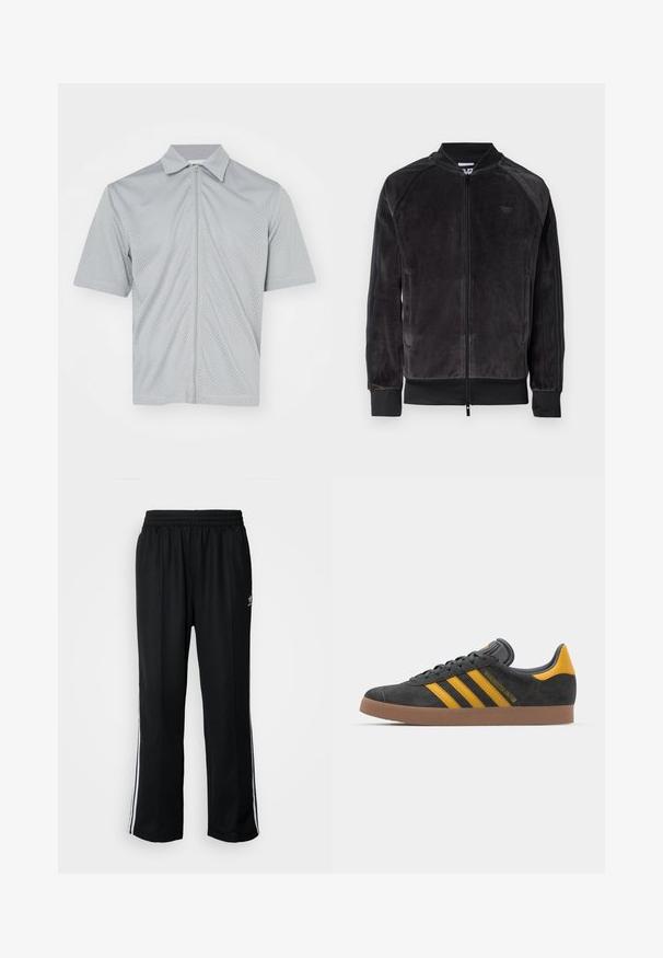 Crna veš bomber jakna s patentnim zatvaračem, rebrastim manžetama i bočnim džepovima. Sadrži suptilan logo na prsima i kontrastne bočne panele.; Svijetlosiva kratka sportska jakna s kratkim rukavima, izrađena od prozračnog mrežastog materijala, s punim prednjim zatvaračem i oštrim ovratnikom.; Crne sportske hlače s elastičnom trakom oko struka, s bijelim bočnim prugama i malim logotipom. Materijal izgleda mekan i lagan.; Crne nubuk tenisice s žutim detaljima, sa tri pruge i smešnim gumenim potplatom. Imaju jastučić na jeziku za udobnost.