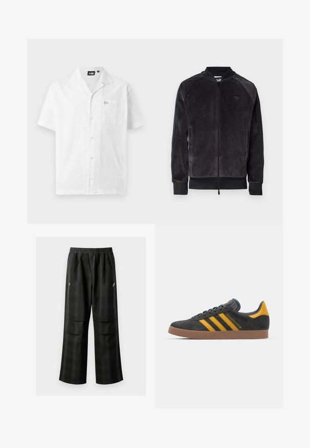 Casaco bomber em veludo preto com fecho de zíper, punhos com nervuras e bolsos laterais. Apresenta um logótipo discreto no peito e painéis laterais contrastantes.; Camisa branca de manga curta feita de tecido suave; apresenta um colarinho pontudo, fecho de botões e um bolso no lado esquerdo do peito com detalhe de logótipo.; Calças pretas em padrão xadrez com cintura elástica, dois bolsos frontais e um ajuste solto com design de perna reta. Feitas de material leve.; Tenis em camurça preta com detalhes amarelos, apresentando três riscas e uma sola de borracha castanha. Inclui uma língua acolchoada para maior conforto.