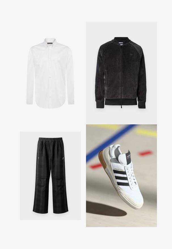 Zwarte velours bomberjack met ritssluiting, geribbelde boorden en zijzakken. Bevat een subtiele logo op de borst en contrasterende zijpanelen.; Witte lange mouwenshirt van glad katoen met een knoopsluiting, voorste placket en een klein logo geborduurd op de borst.; Zwarte geruite broek met een elastische tailleband, twee voorzakken en een losse pasvorm met een rechte pijpdesign. Gemaakt van lichtgewicht materiaal.; Witte Adidas Mundial Goal sneakers met zwarte strepen en gumzool, midden in de lucht boven een sportvloer met gekleurde lijnen.