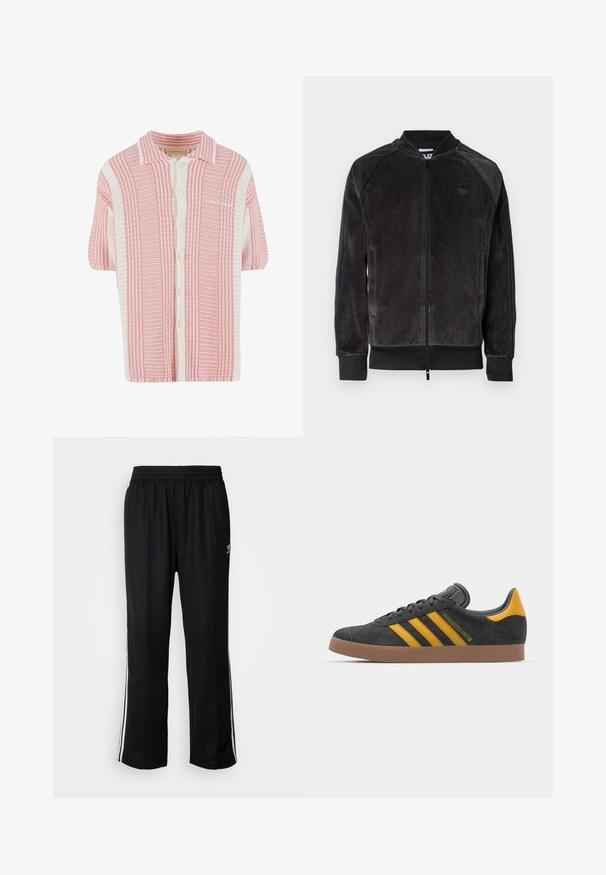 Jachetă bomber din velur negru cu închidere cu fermoar, manșete ribbate și buzunare laterale. Dispune de un logo subtil pe piept și panouri laterale contrastante.; Cardigan tricotat cu mânecă scurtă, cu un model în dungi roz și alb, având guler și închidere cu butoane în față. Material moale, texturat.; Pantaloni atletici negri cu talie elastică, având dungi albe pe laterale și un mic logo. Materialul pare moale și ușor.; Tenisi negri din suede cu accente galbene, având trei dungi și o talpă din cauciuc maroniu. Include un limba căptușită pentru confort.