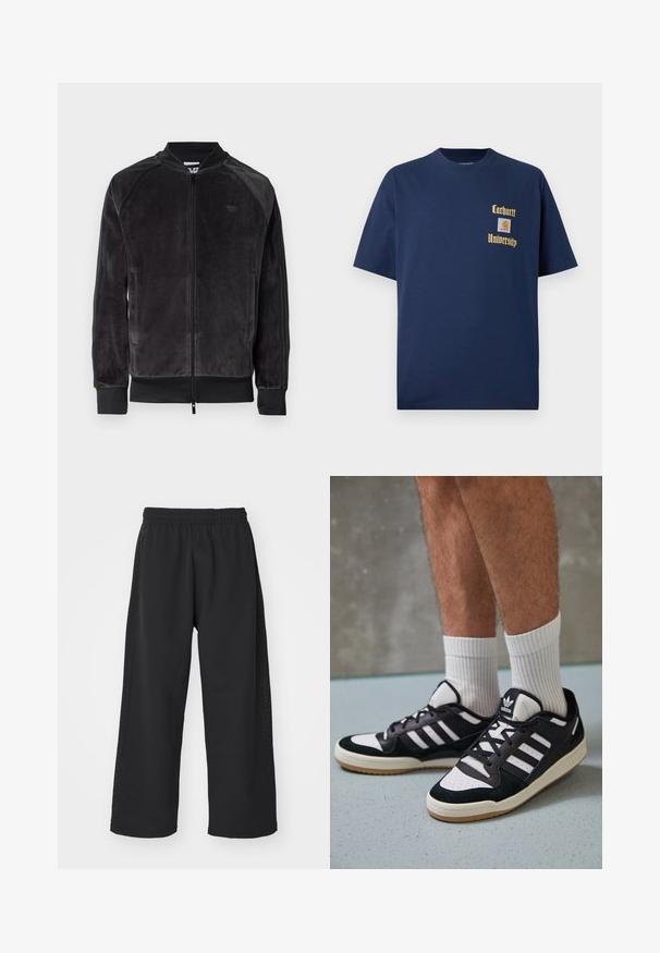 Μαύρο βελούδινο μπουφάν bomber με κλείσιμο με φερμουάρ, ριμπ μανσέτες και πλευρικές τσέπες. Διαθέτει ένα διακριτικό λογότυπο στο στήθος και αντιθετικά πλαϊνά πάνελ.; Σκούρο μπλε βαμβακερό T-shirt με κοντά μανίκια, με χρυσό κείμενο "Carhartt University" και λογότυπο ραμμένο στο αριστερό στήθος.; adidas Originals Παντελόνι φόρμας - black; Μαύρα και λευκά αθλητικά παπούτσια με άνω μέρος από σουέτ και δέρμα, featuring τρεις λευκές ρίγες, περατά δάχτυλα και σόλα από καουτσούκ τύπου γκαστ.