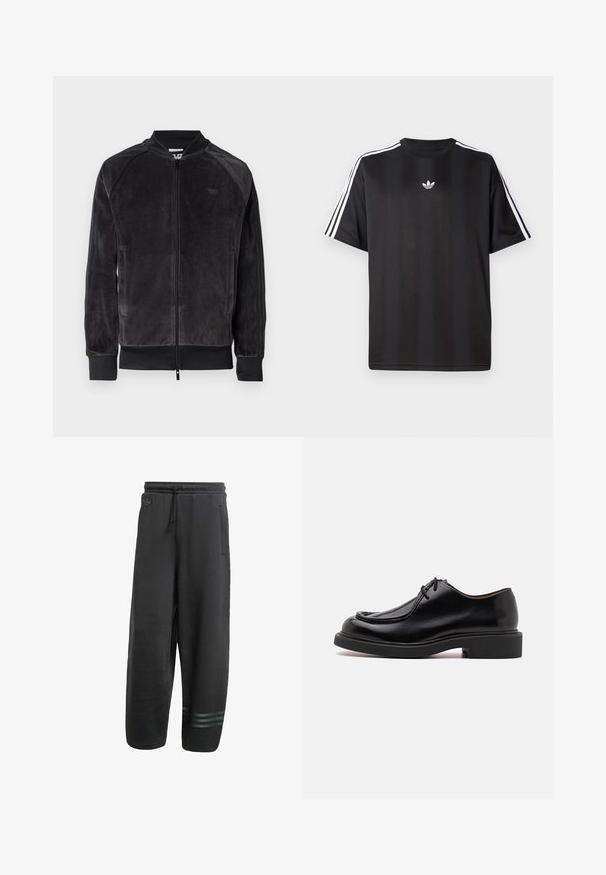 Giacca bomber in velluto nero con chiusura a zip, polsini a costine e tasche laterali. Presenta un logo discreto sul petto e pannelli laterali a contrasto.; Maglietta nera a maniche corte con dettagli bianchi a tre strisce sulle spalle e un piccolo logo bianco sul petto. Tessuto dalla texture liscia.; Pantaloni della tuta neri con una vestibilità rilassata, vita elastica, cordoncino, tasche laterali e tre sottili righe orizzontali alla caviglia.; Scarpe in pelle nera con punta tonda, dettagli cuciti, lacci minimi e suola spessa in gomma per trazione e durata.