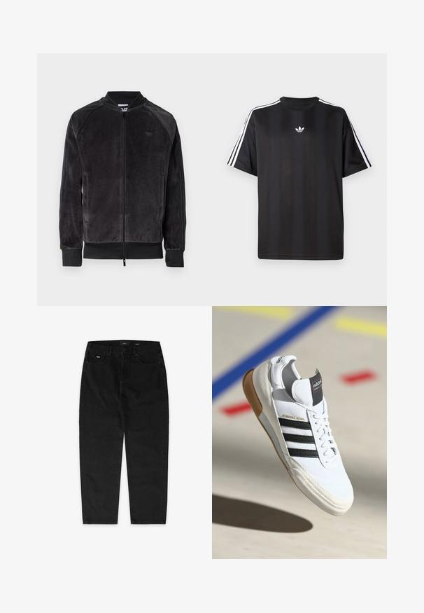 Veste bomber en velours noir avec fermeture zip, poignets côtelés et poches latérales. Présente un logo discret sur la poitrine et des panneaux latéraux contrastants.; T-shirt noir à manches courtes avec des détails à trois rayures blanches sur les épaules et un petit logo blanc sur la poitrine. Texture de tissu lisse.; EIGHTYFIVE WITH LOOP - Jean baggy - black washed; Baskets Adidas Mundial Goal blanches avec des rayures noires et une semelle en caoutchouc, montrées en l'air au-dessus d'un sol de terrain de sport avec des lignes colorées.
