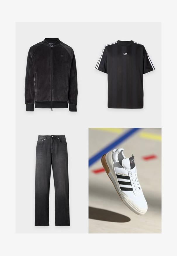 Crna veš bomber jakna s patentnim zatvaračem, rebrastim manžetama i bočnim džepovima. Sadrži suptilan logo na prsima i kontrastne bočne panele.; Crna majica kratkih rukava s bijelim trostrukim detaljima na ramenima i malim bijelim logotipom na prsima. Glatka tekstura tkanine.; Crne traperice s visokim strukom, ravnog kroja, s prednjim gumbom i patentnim zatvaračem, dva prednja džepa i suptilnim izblijedjelim detaljima.; Bijela Adidas Mundial Goal tenisica s crnim prugama i gumiranim potplatima, prikazana u zraku iznad sportske podloge s obojenim linijama.