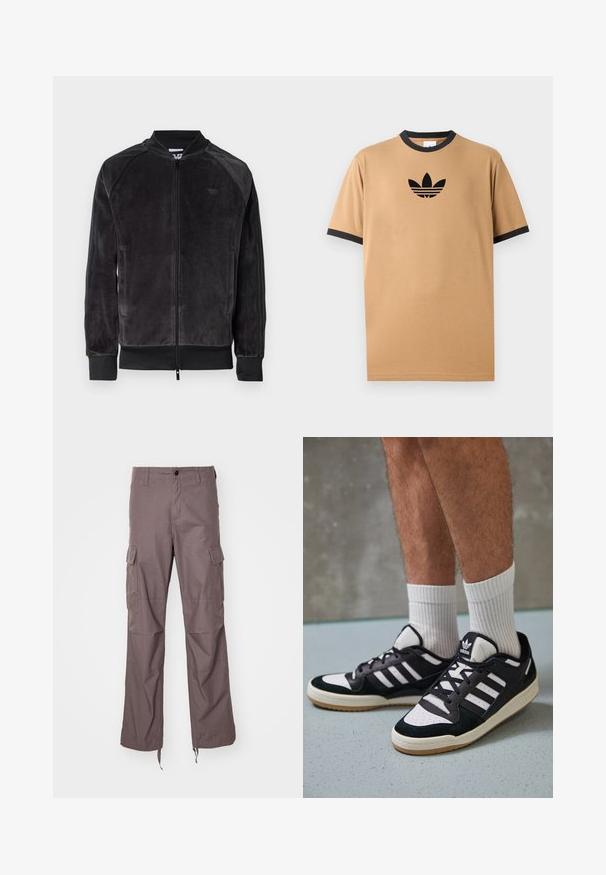 Chaqueta bomber de terciopelo negro con cierre de cremallera, puños acanalados y bolsillos laterales. Presenta un logo sutil en el pecho y paneles laterales en contraste.; Camiseta de algodón beige con un cuello y puños de canalé negros. Presenta un logo negro de Adidas con tres rayas debajo del logo en el pecho.; Pantalones cargo en una tela de taupe texturizado, con múltiples bolsillos laterales, un diseño de pierna recta y correas ajustables en el dobladillo.; Zapatillas en blanco y negro con parte superior de ante y cuero, que presentan tres franjas blancas, una puntera perforada y una suela de goma.